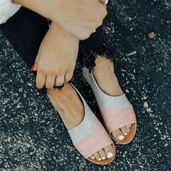Women Leather   Flat Heel Patchwork Sandals