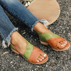Women Leather   Flat Heel Patchwork Sandals