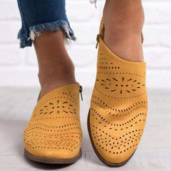 Hollow-Out Low   Heel Cutout Booties Faux Suede Zipper Ankle Boots