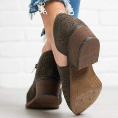 Hollow-Out Low   Heel Cutout Booties Faux Suede Zipper Ankle Boots
