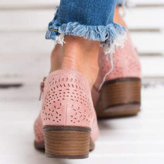 Hollow-Out Low   Heel Cutout Booties Faux Suede Zipper Ankle Boots