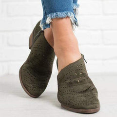 Hollow-Out Low   Heel Cutout Booties Faux Suede Zipper Ankle Boots