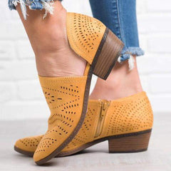 Hollow-Out Low   Heel Cutout Booties Faux Suede Zipper Ankle Boots