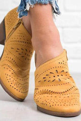Hollow-Out Low   Heel Cutout Booties Faux Suede Zipper Ankle Boots