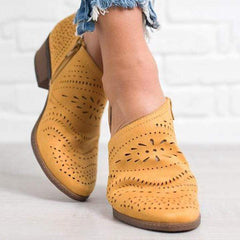 Hollow-Out Low   Heel Cutout Booties Faux Suede Zipper Ankle Boots