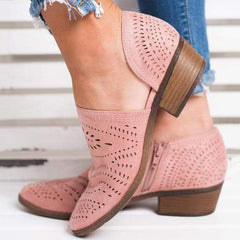 Hollow-Out Low   Heel Cutout Booties Faux Suede Zipper Ankle Boots