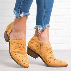 Hollow-Out Low   Heel Cutout Booties Faux Suede Zipper Ankle Boots