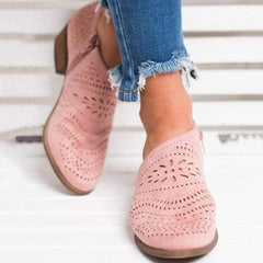 Hollow-Out Low   Heel Cutout Booties Faux Suede Zipper Ankle Boots