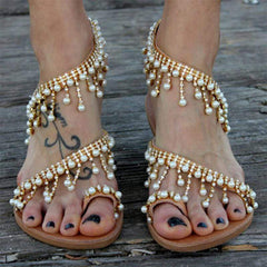 Bohemian Pearl Tassel Clip Toe Beach Flat Sandals