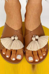 Fashion Fringe Decorated Antiskid Flat Bottom Slippers