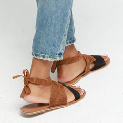 Deep Khaki Hollow-Out Flat Heel Daily Suede Flat Sandal