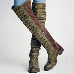 Kvinnor Rund Toe Nubuck Sida Zipper Patchwork Knästövlar 