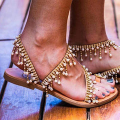 Bohemian Pearl Tassel Clip Toe Beach Flat Sandals