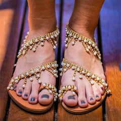Bohemian Pearl Tassel Clip Toe Beach Flat Sandals